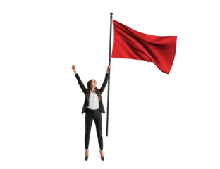Triumphant businesswoman with raised arms holding a red flag, white background
