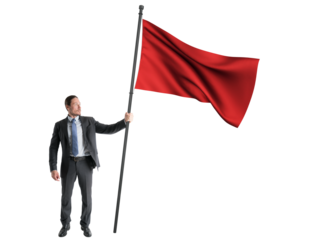 Businessman firmly holding a red flag, symbol of leadership, isolated on white