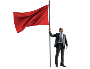 Businessman with a hopeful gaze holding a red flag, leadership concept, white background