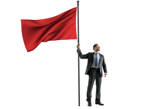 Businessman with a hopeful gaze holding a red flag, leadership concept, white background