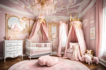 A fairy-tale princess baby bedroom with a canopy crib, magical castle wall mural, and soft pink and gold accents. A dreamy space fit for a little royalty - obrazy, fototapety, plakaty