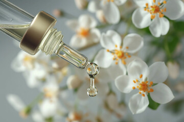 Natural jasmine essential oil in a dropper bottle, jasmine flowers on background. Selective focus....