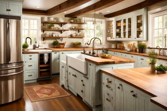 A Traditional Country Kitchen With A Farmhouse Sink, Butcher Block Countertops, And A Vintage Gas Range. A Timeless And Welcoming Space For Family Gatherings