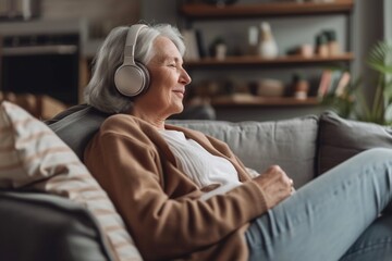 Eine Seniorin sitzt entspannt mit Kopfh&ouml;rern auf dem Sofa und genie&szlig;t ihre Musik 