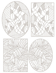 A set of contour illustrations in the style of stained glass with abstract fish and birds, dark outlines on a white background