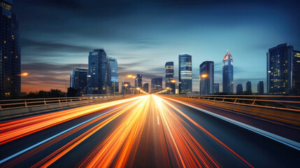 Fototapeta na wymiar Long Exposure City Night Photo, Blurred Lights Capture the Vibrant Energy of Urban Life