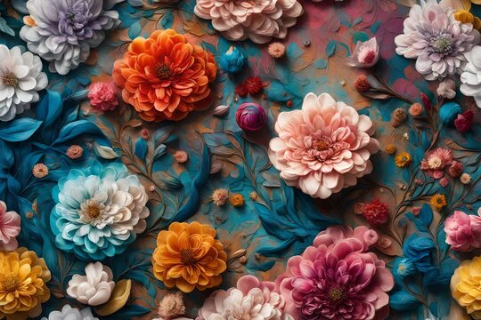 An HD image capturing the seamless blend of vibrant liquid colors on a modern canvas, complemented by the artistic allure of delicate flower motifs