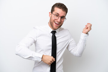 Young business caucasian man isolated on white background making guitar gesture