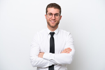 Young business caucasian man isolated on white background keeping the arms crossed in frontal position