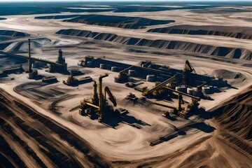 A panoramic view of an oil sands extraction site, showcasing the vast expanse of heavy machinery...