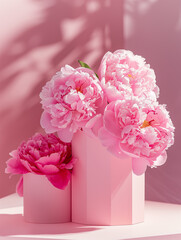 Product presentation podium adorned with pink peonies