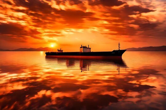 The reflection of an oil tanker on the water's surface at sunset, with the sky ablaze with warm hues, creating a serene and picturesque scene.