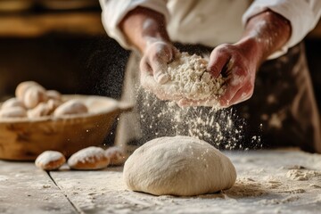 Fototapeta premium Hands at work, kneading dough with expertise and finesse, preparing it for culinary deligh