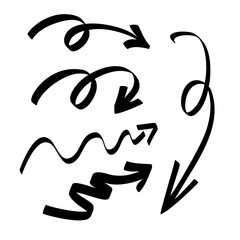 Vector set of abstract curved bold arrows Hand drawn grunge pointers. Isolated lines for design.