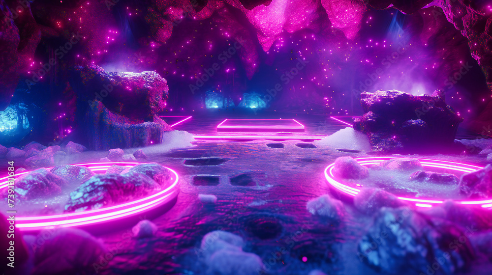 Poster neon and laser lights creating a futuristic abstract space, emphasizing modern illumination and vibr