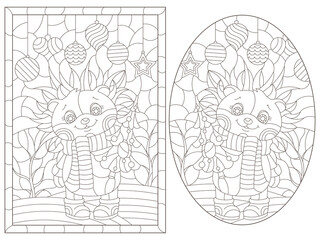 A set of contour illustrations in the style of a stained glass window with a hedgehogs  , dark contours on a white background
