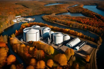 An aerial view of an oil storage facility surrounded by autumn foliage, blending the natural beauty of the season with the industrial landscape.