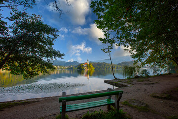 Bled with lake, island, castle and mountains in background, Slovenia, Europe