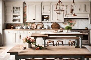 A classic French country kitchen with charming floral prints, copper accents, and a rustic...