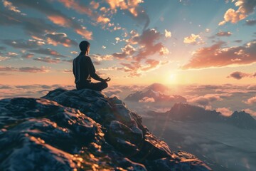 A person meditating on a mountain peak: contemplation in front of the mountain panorama. - obrazy, fototapety, plakaty