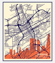 vector map of the city of Birmingham, Alabama, United States. Black and white for home walls and posters