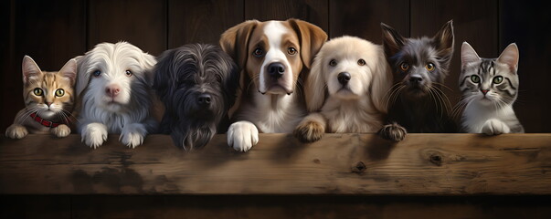.a group of dogs and cats peering over a wooden, generative ai - obrazy, fototapety, plakaty