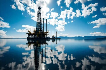 A reflection of an oil rig on the calm surface of a lake during a clear day, creating a perfect...