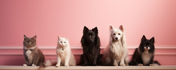 .a group of dogs and cats peering over a wooden, generative ai