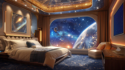 Space Odyssey: A Luxury Hotel Room with a Cosmic Window
