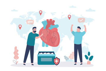World organ donation day, donor or doctor give giant human heart. Donor human organs anatomical healthy heart. Cardiovascular problem and healthcare.