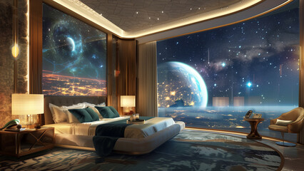 Space Odyssey: A Luxury Hotel Room with a Cosmic Window - obrazy, fototapety, plakaty