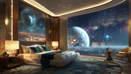 Afwasbaar Fotobehang Heelal Space Odyssey: A Luxury Hotel Room with a Cosmic Window