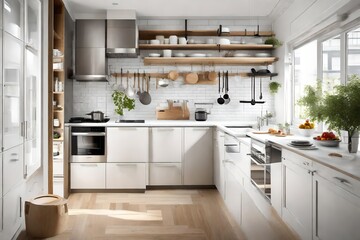 A small-space kitchen with smart storage solutions, compact appliances, and a stylish breakfast nook. Efficient design for modern living - obrazy, fototapety, plakaty