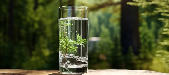fresh clear mineral water in a glass with forest background 99