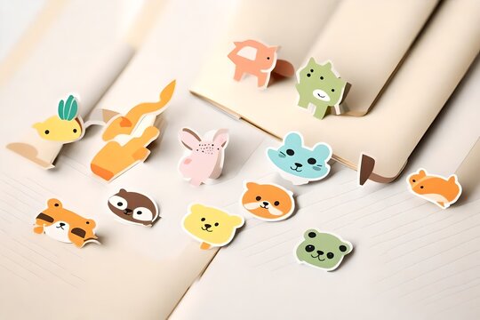 A set of playful, minimalistic sticky page markers in various shapes and colors, featuring cute illustrations of animals