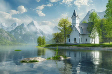 A church nestled amidst verdant mountains overlooks a serene body of water, its pristine white walls glowing in the gentle light of Easter Sunday. Surrounded by blooming flowers and lush greenery. - obrazy, fototapety, plakaty