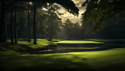a golf course is shown through some trees, generative ai - obrazy, fototapety, plakaty