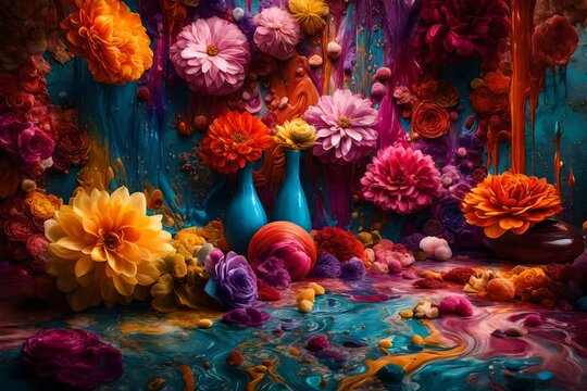Ultra-HD image portraying the captivating blend of colorful liquids against a contemporary backdrop, adorned with stylish flower motifs