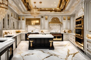 A luxury kitchen with marble flooring, gold accents, and state-of-the-art appliances. An opulent culinary space that defines sophistication - obrazy, fototapety, plakaty