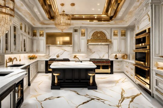 A luxury kitchen with marble flooring, gold accents, and state-of-the-art appliances. An opulent culinary space that defines sophistication