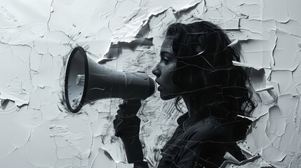 Influential female loudspeaker through torn paper highlight for slogans - obrazy, fototapety, plakaty