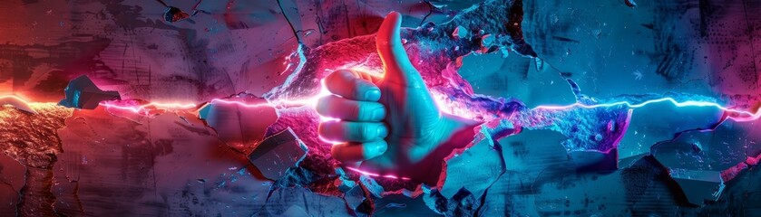 Glowing neon hand thumb up coming out of a cyberpunk torn paper hole vibrant night life