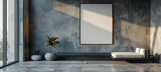 A modern Loft room with Brutalist design elements, featuring a grunge concrete wall, minimalist furniture, and natural light casting dynamic shadows.