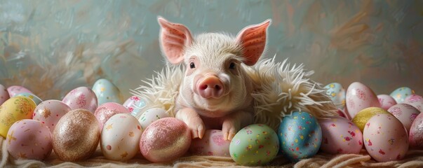 Playful pig in a fluffy Easter outfit surrounded by glossy multicolored eggs on a gentle pastel canvas - obrazy, fototapety, plakaty