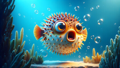 Fototapeta na wymiar Cartoon Pufferfish Surprised Amongst Coral and Bubbles Underwater