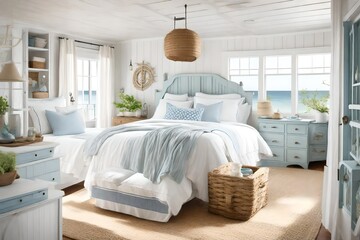 A coastal cottage bedroom with light, airy decor, nautical accents, and a relaxed vibe, offering a seaside retreat in the comfort of your home - obrazy, fototapety, plakaty
