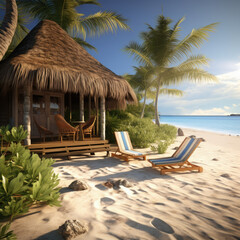 Tropical bungalow on the amazing beach with a palm tree