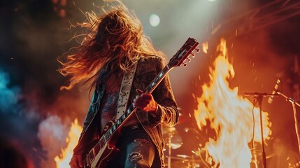Guitarist at a rock concert with "tongues of flame", lead guitarist at a rock or metal festival