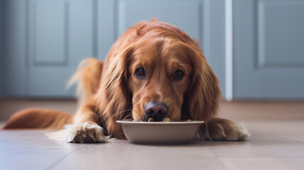 Close-up of a purebred dog eating food in a sunlit kitchen, pet care concept, animal behavior with copy space.