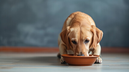 Close-up of a purebred dog eating food on a gray background with copy space, pet care concept, animal behavior